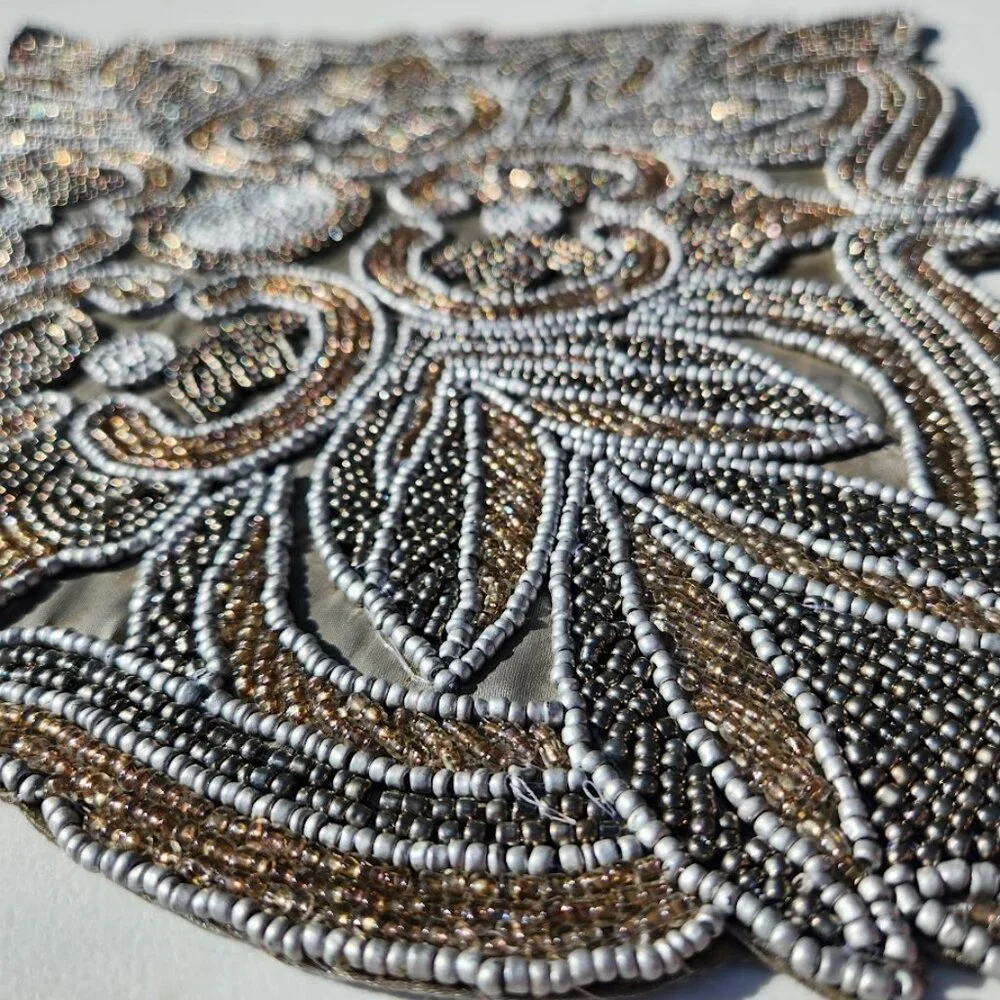 Embroidered Beaded Square Placemat Table Setting Holiday Christmas Decor Silver